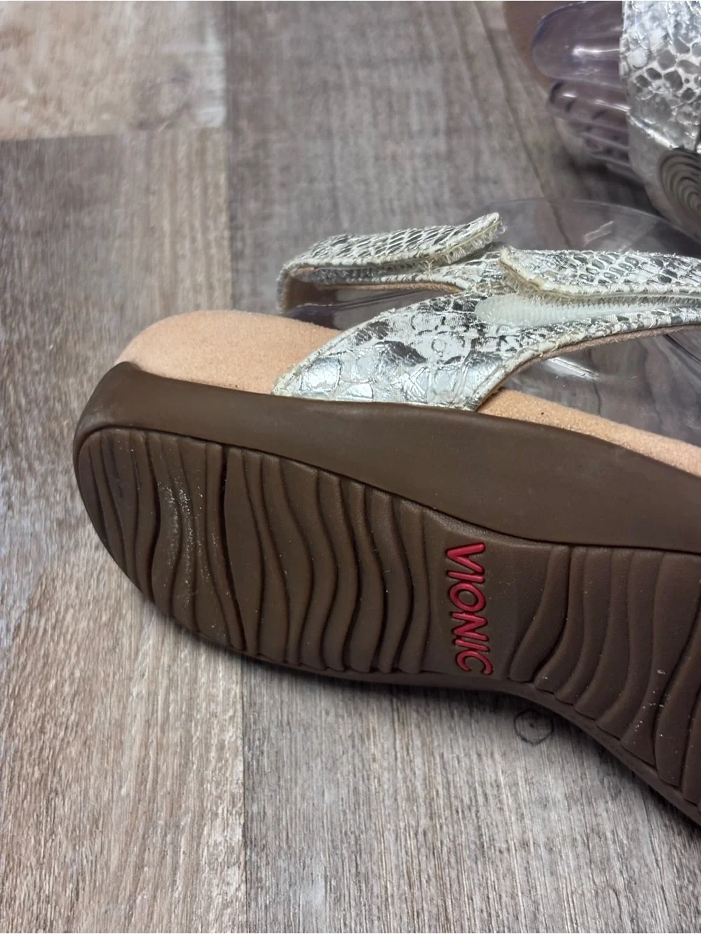 Vionic Farrah Metallic Snake Print T-Strap Sandals with Silver Spiral Accents